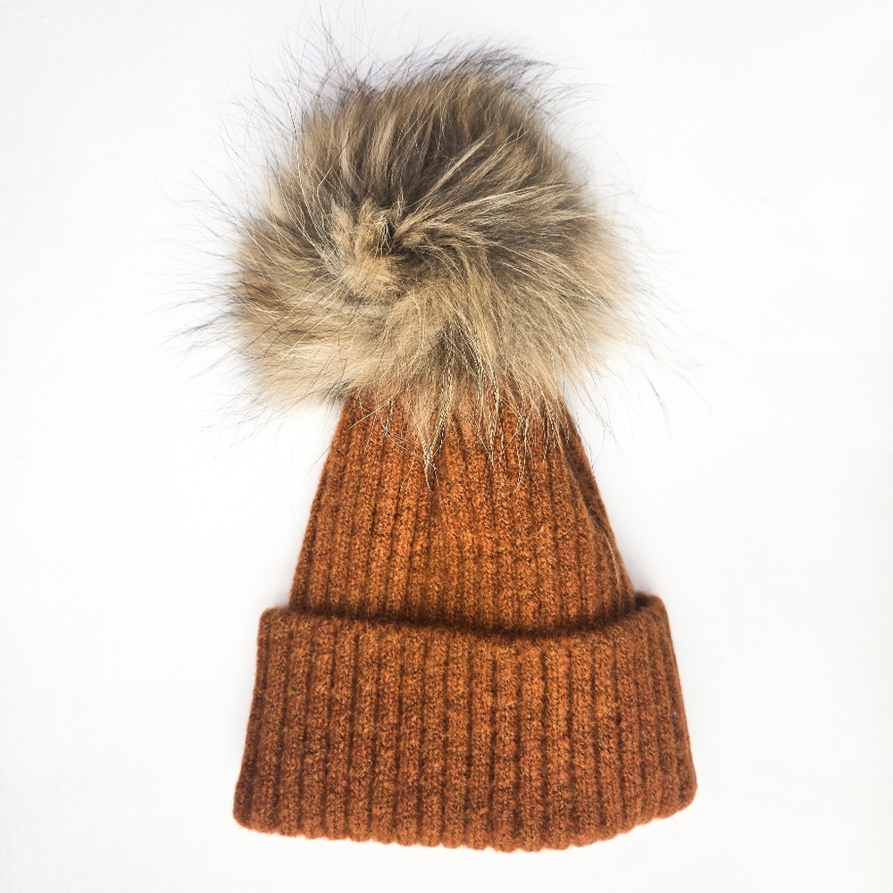 NWT Virginia Wolf Fallon Pom Pom Knit Hat, Tumeric